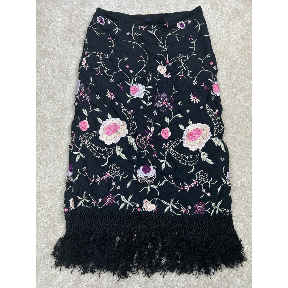 Gap Womens 10 Black Floral Embroidered Fringe Hem Midi Skirt Boho